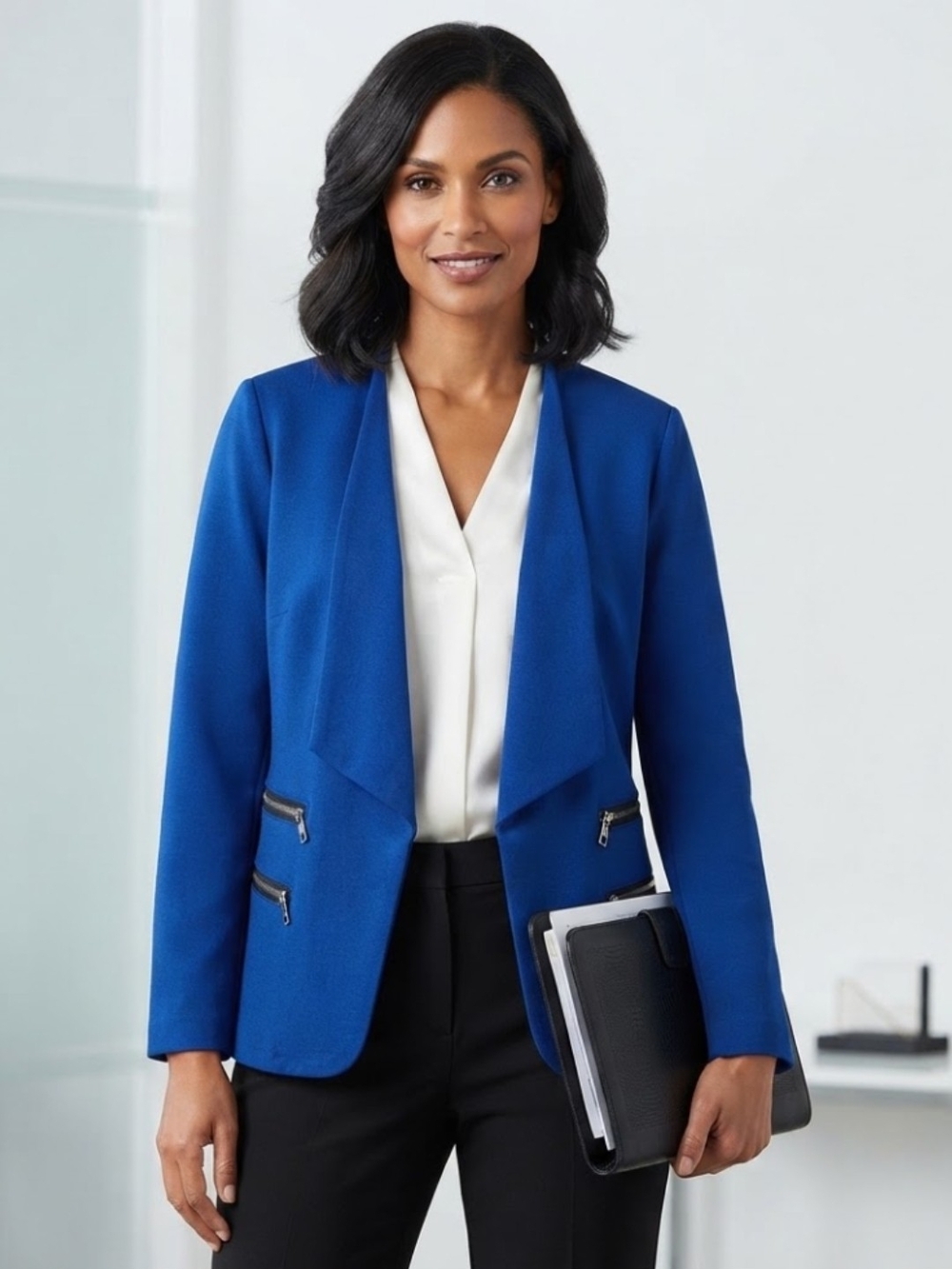 Royal Blue Open Front Blazer Zip Pockets Chic Career Office Night Elegance US 14